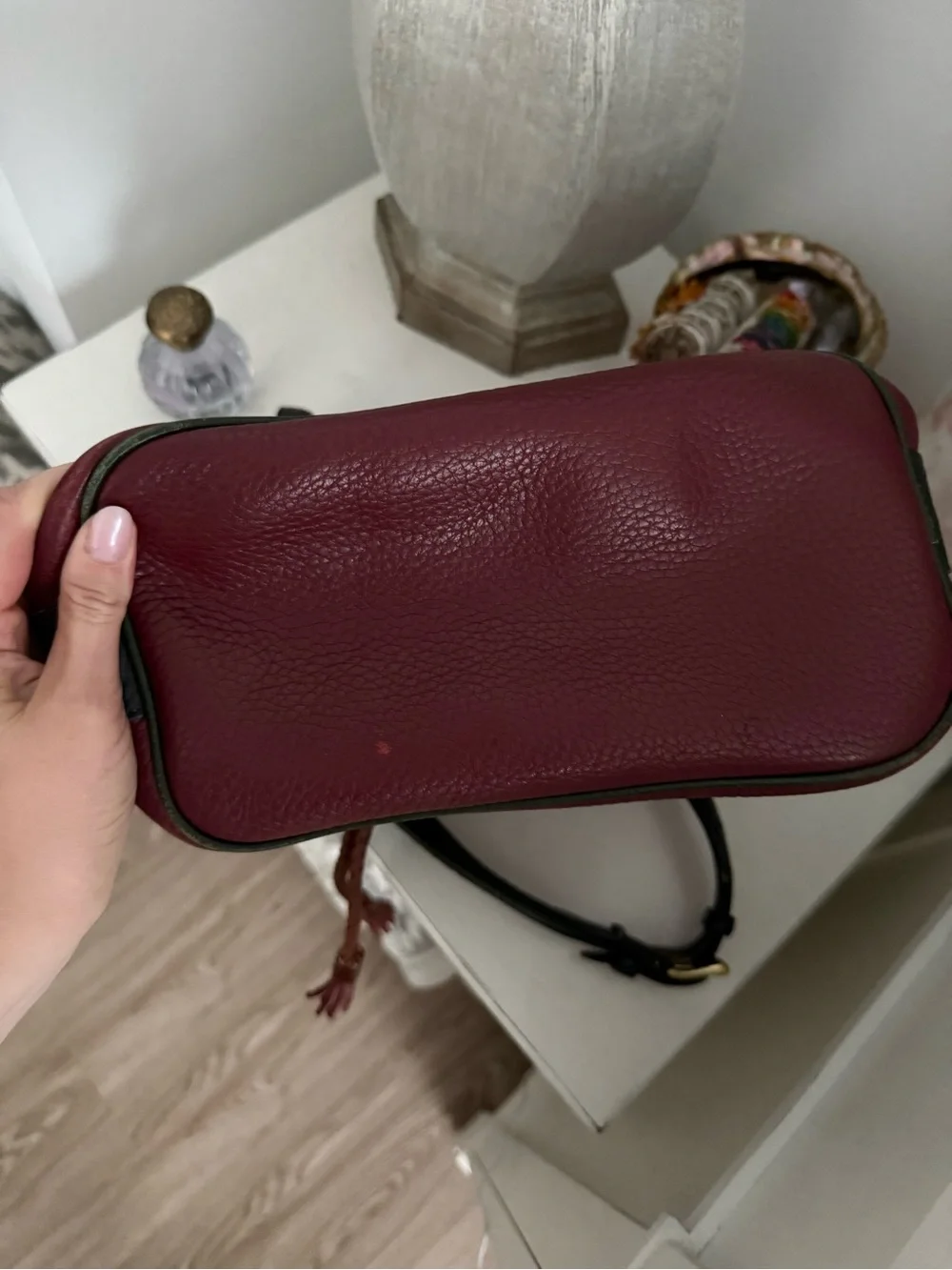 Very RARE Dooney & Bourke Burgundy Bucket Bag with Green Trim and Brown Accents